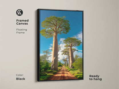 Framed canvas of a boho Baobab tree African landscape with a black floating frame. This nature artwork features a dirt road leading to Baobab trees under a blue sky. It is ready to hang and a safari landscape art.