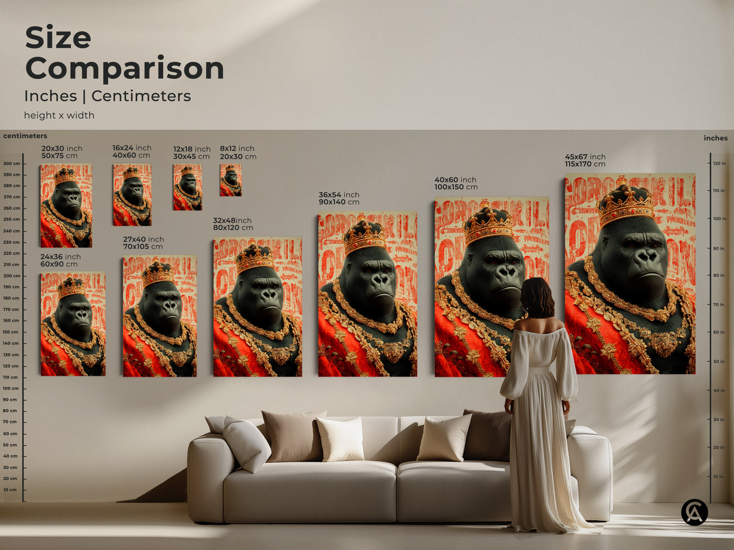 Size comparison of majestic gorilla king art prints in inches and centimeters. Various sizes are displayed above a couch to showcase scale. The regal gorilla canvas print makes a bold statement in any room. Choose the ideal size for your unique statement piece.
