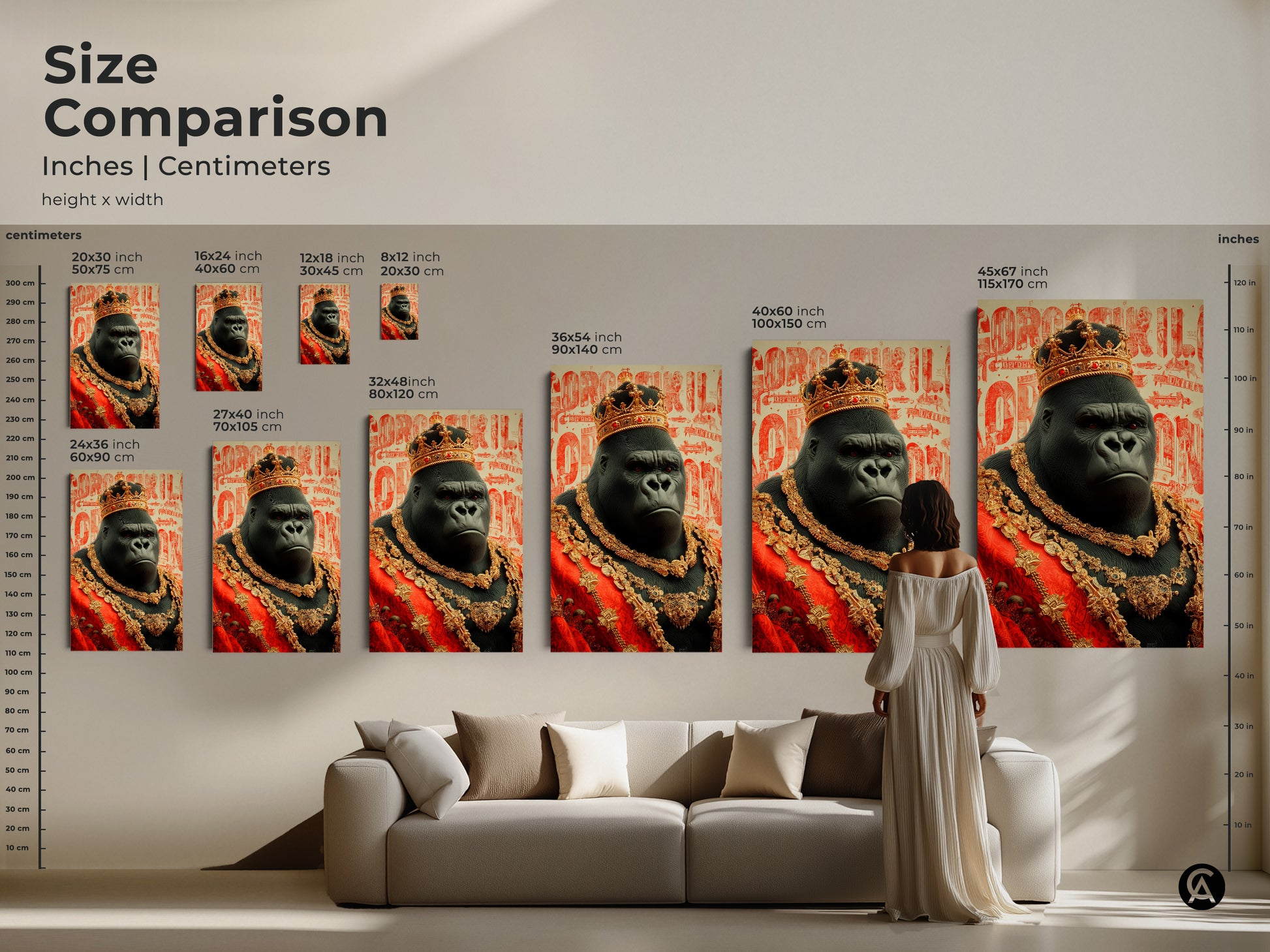 Size comparison of majestic gorilla king art prints in inches and centimeters. Various sizes are displayed above a couch to showcase scale. The regal gorilla canvas print makes a bold statement in any room. Choose the ideal size for your unique statement piece.