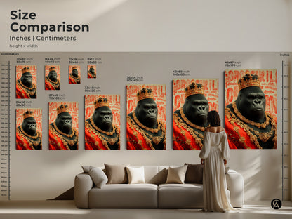 Size comparison of majestic gorilla king art prints in inches and centimeters. Various sizes are displayed above a couch to showcase scale. The regal gorilla canvas print makes a bold statement in any room. Choose the ideal size for your unique statement piece.