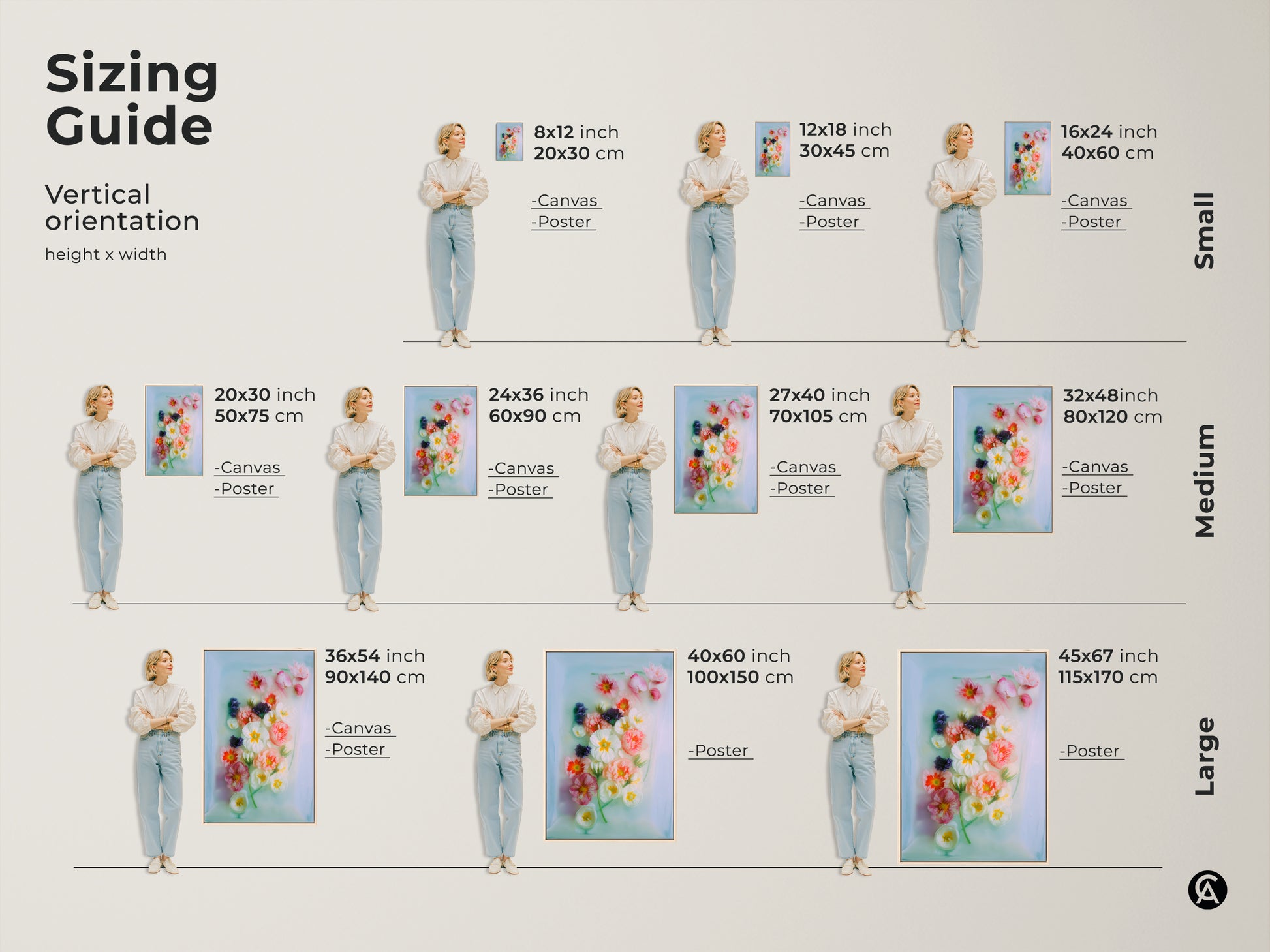 Sizing guide for spring floral wall art. Visualize different canvas and poster sizes in a vertical orientation. Find the perfect fit for your Scandinavian home decor needs.