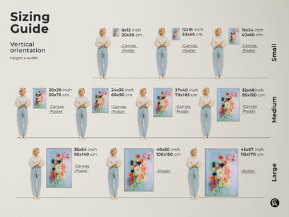 Sizing guide for spring floral wall art. Visualize different canvas and poster sizes in a vertical orientation. Find the perfect fit for your Scandinavian home decor needs.