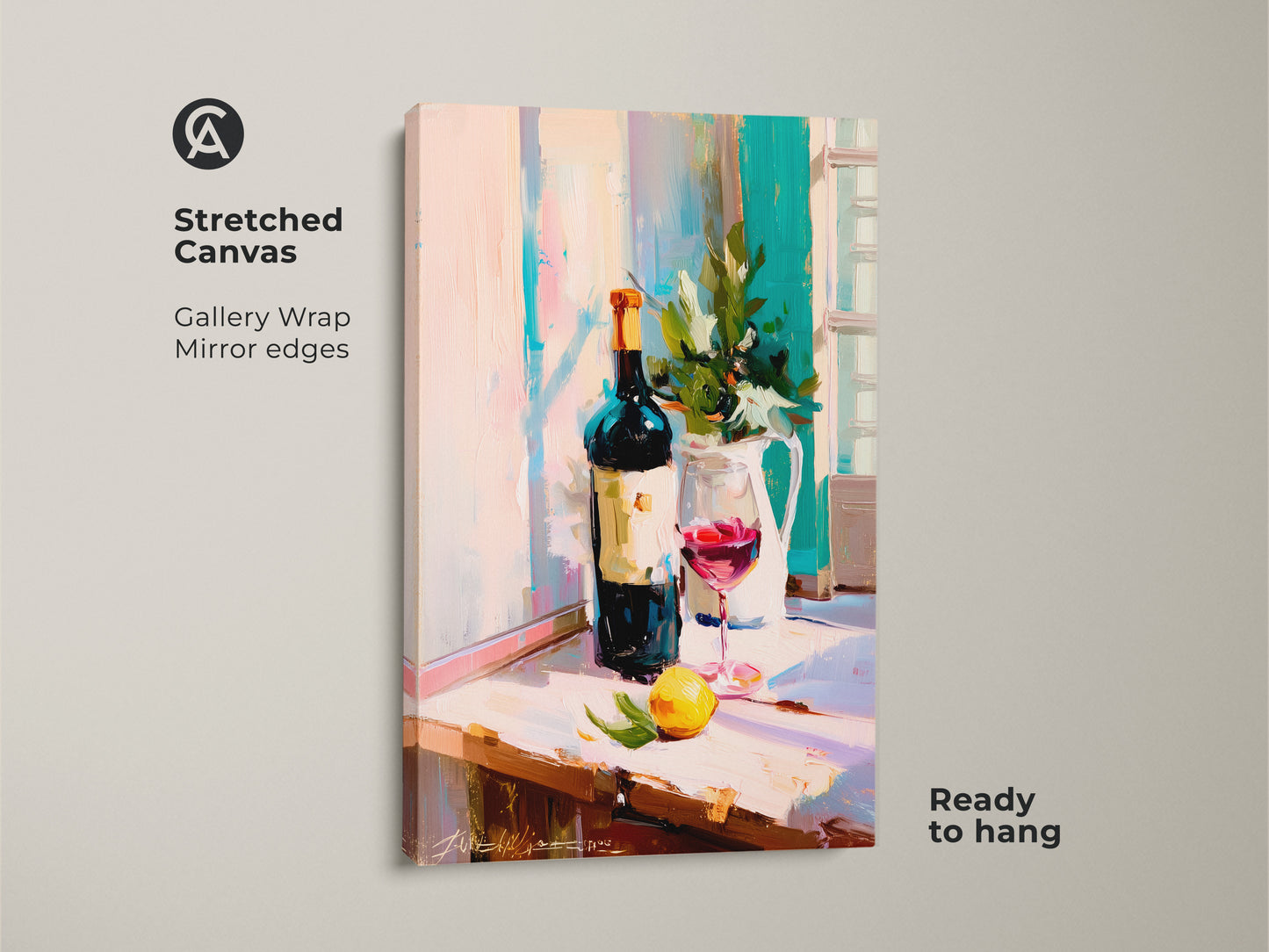 A stretched canvas gallery wrap presents impressionist wine art. The red wine glass print is ready to hang. This kitchen wall art decor showcases a contemporary still life of a painterly wine bottle. Ideal as a housewarming gift art. The artwork adds elegance to any bar area wall hanging. It is perfect for food and drink artwork enthusiasts.