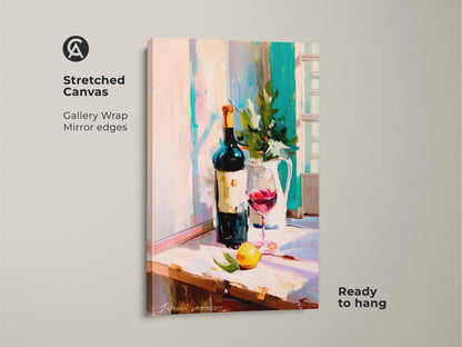 A stretched canvas gallery wrap presents impressionist wine art. The red wine glass print is ready to hang. This kitchen wall art decor showcases a contemporary still life of a painterly wine bottle. Ideal as a housewarming gift art. The artwork adds elegance to any bar area wall hanging. It is perfect for food and drink artwork enthusiasts.