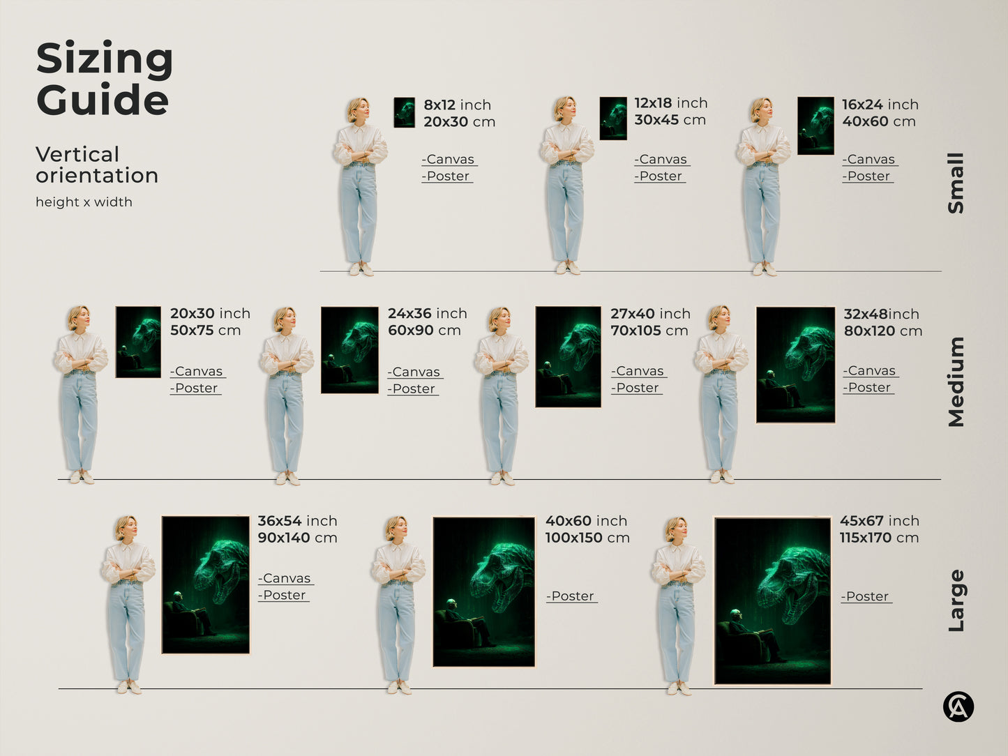 Sizing guide for vertical artwork of an old man reading. A glowing T-Rex hovers above him. Available as canvas or poster in small medium and large sizes. Find the perfect fit for your space with this unique digital art print.