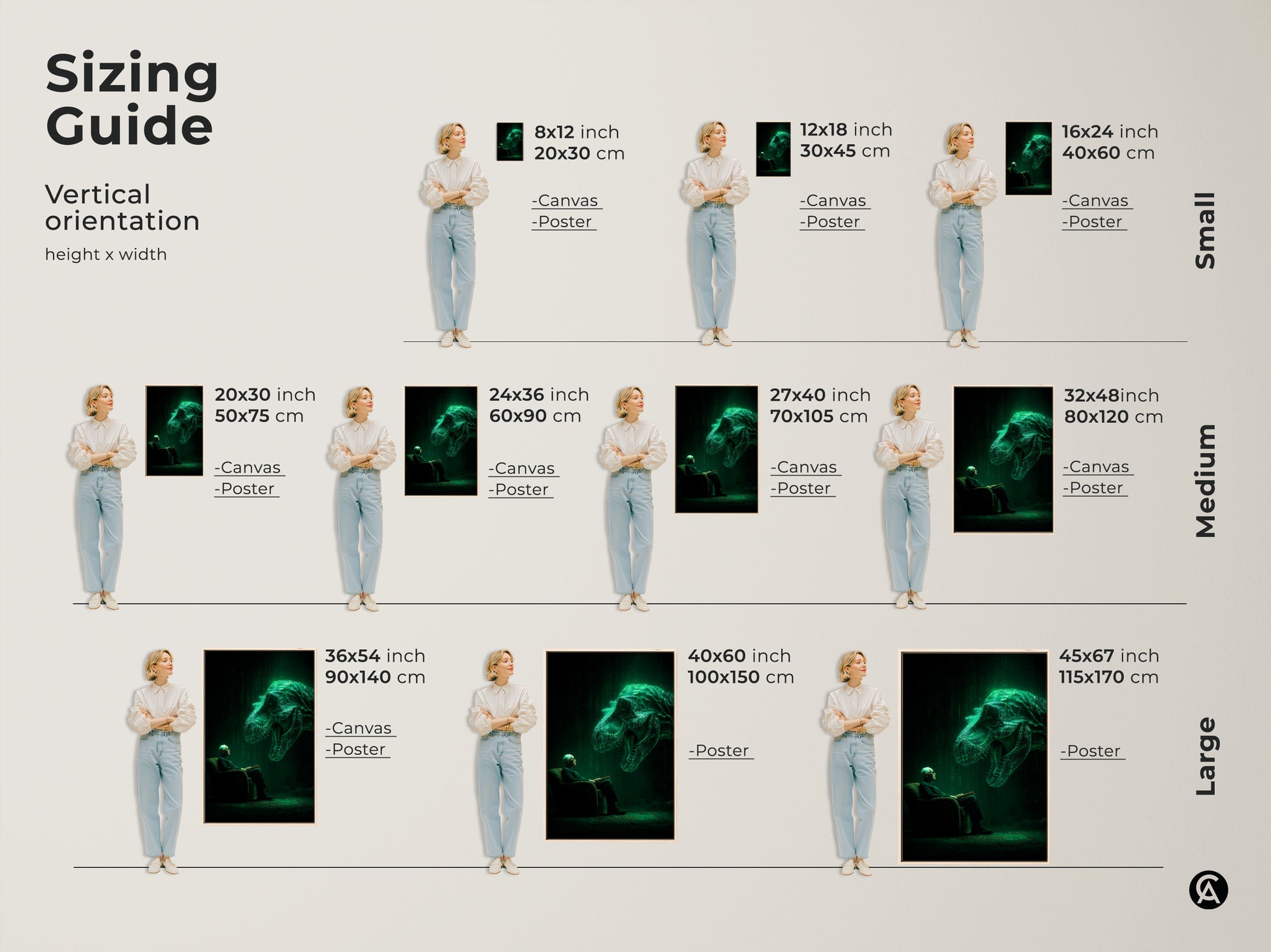 Sizing guide for vertical artwork of an old man reading. A glowing T-Rex hovers above him. Available as canvas or poster in small medium and large sizes. Find the perfect fit for your space with this unique digital art print.