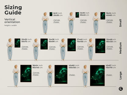 Sizing guide for vertical artwork of an old man reading. A glowing T-Rex hovers above him. Available as canvas or poster in small medium and large sizes. Find the perfect fit for your space with this unique digital art print.