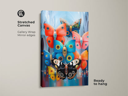 Stretched canvas print featuring surreal mechanical butterflies. The ornate wings and abstract teal orange blue colors enhance any gallery wall. This insect wall art is ready to hang and admire.