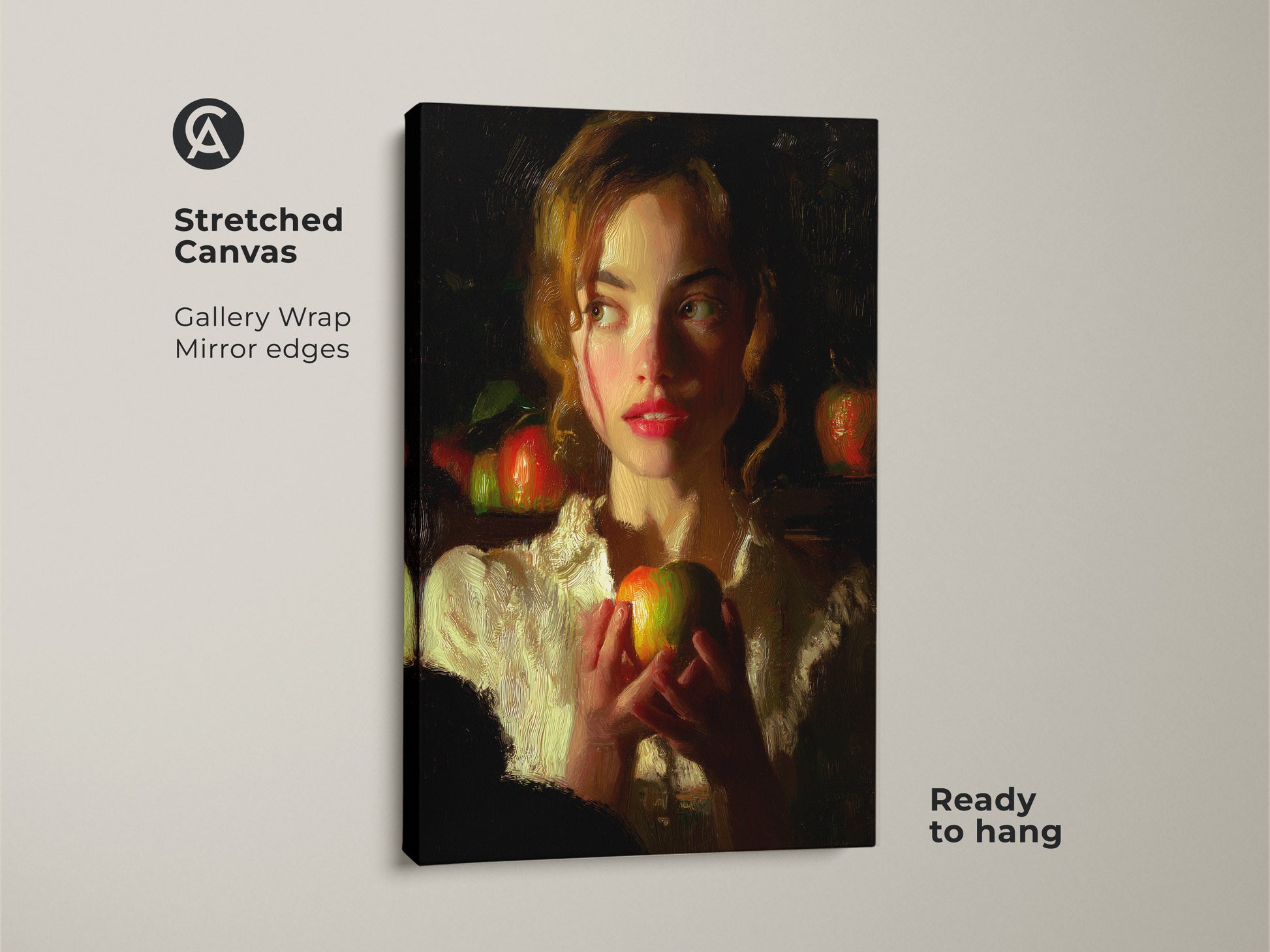 Stretched canvas print of a woman holding an apple. This classical realism artwork is ready to hang. The gallery wrap with mirror edges enhances the deep red and green tones. This traditional wall art decor suits a bedroom. It makes a thoughtful gift for art enthusiasts.