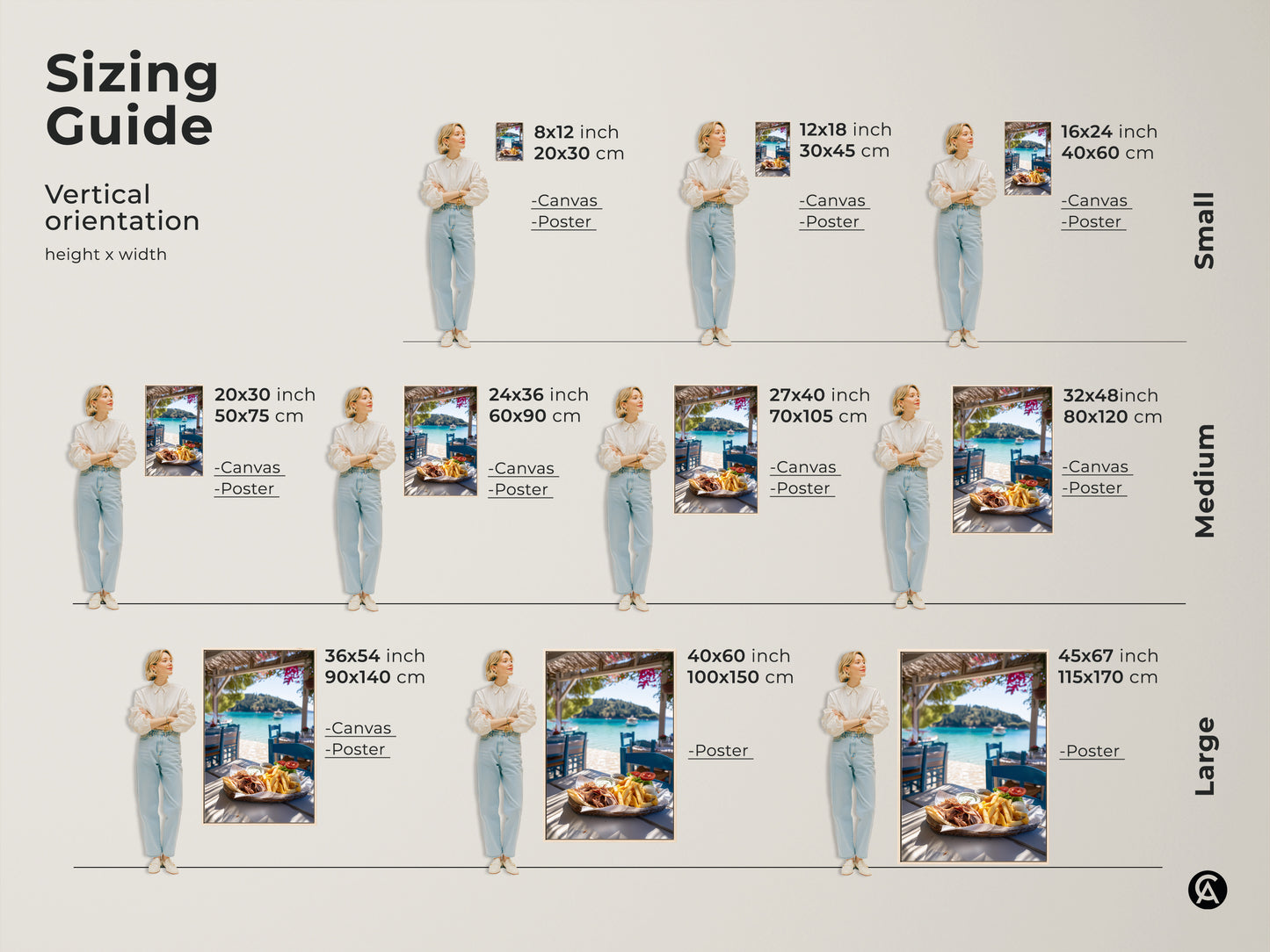 Sizing guide for vertical artwork featuring a Greek gyros meal and blue seascape. Available in small medium and large canvas or poster prints. Perfect for any space needing coastal dining room wall art.