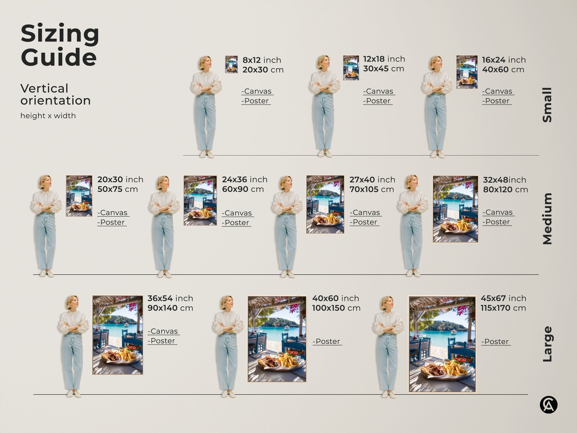 Sizing guide for vertical artwork featuring a Greek gyros meal and blue seascape. Available in small medium and large canvas or poster prints. Perfect for any space needing coastal dining room wall art.