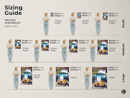 Sizing guide for vertical artwork featuring a Greek gyros meal and blue seascape. Available in small medium and large canvas or poster prints. Perfect for any space needing coastal dining room wall art.