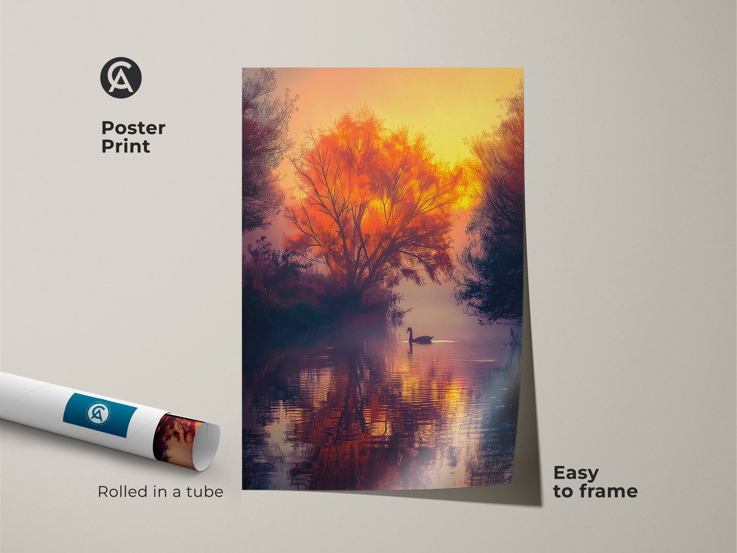 Poster print of a sunset landscape art. A swan swims in a misty lake. An orange tree is reflecting on the water. Museum-quality paper. Easy to frame. Shop now for a beautiful poster print.