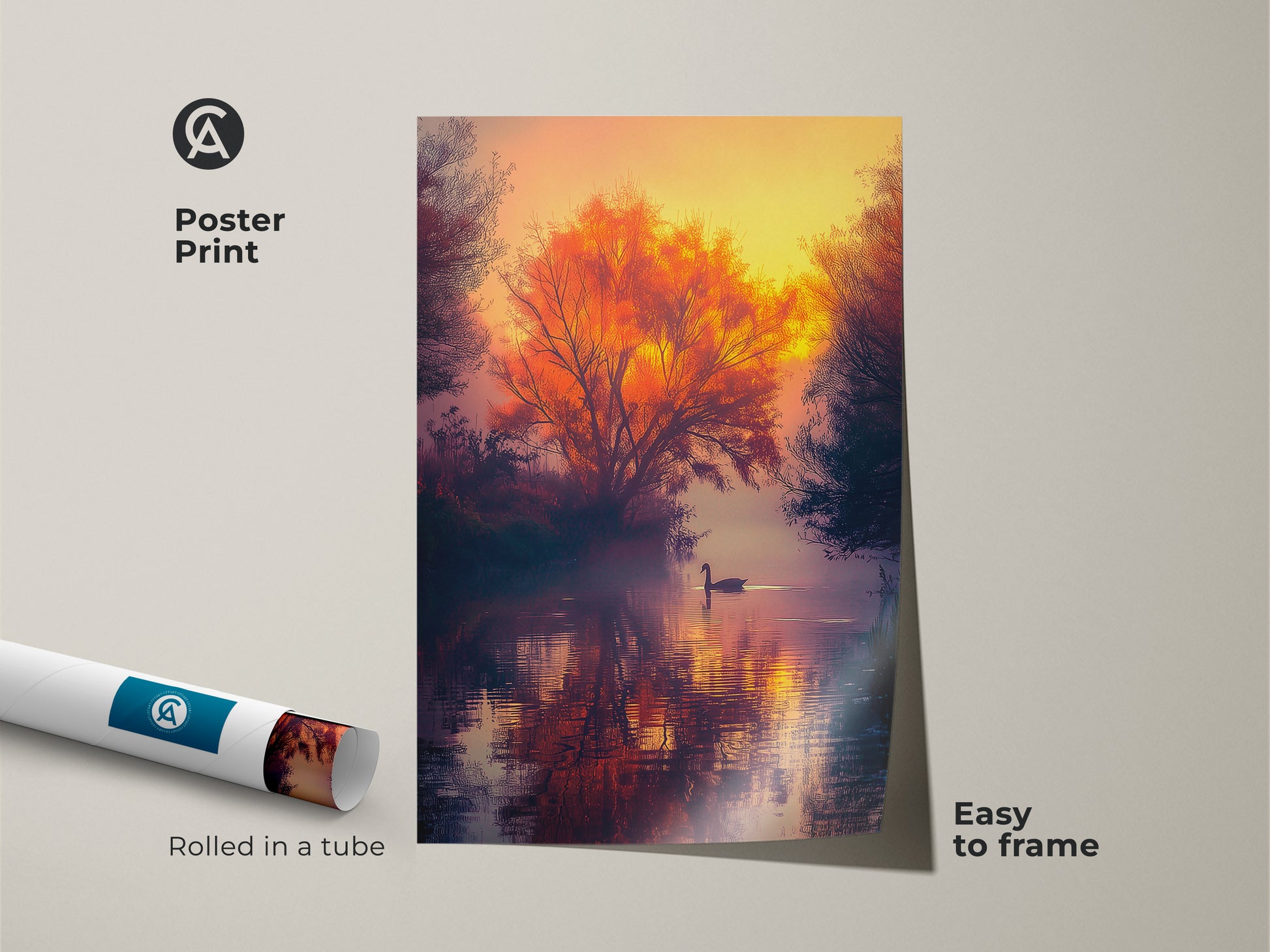 Poster print of a sunset landscape art. A swan swims in a misty lake. An orange tree is reflecting on the water. Museum-quality paper. Easy to frame. Shop now for a beautiful poster print.