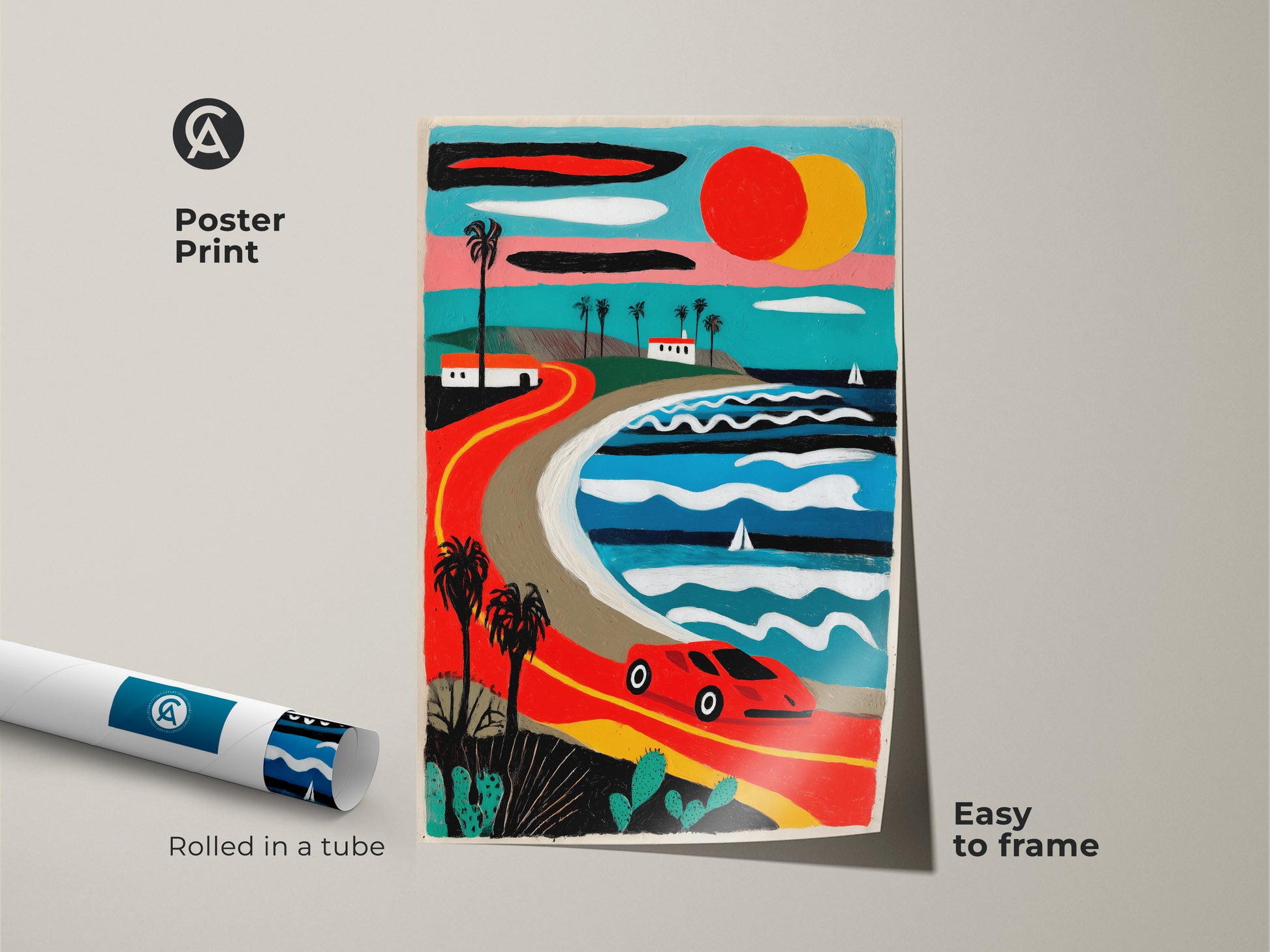 Poster print displays a retro coastal road trip artwork. The vintage-style car drives along the ocean road with palm trees in this mid-century modern landscape. Easy to frame this bright pop art print adds color to any space. A perfect gift for road trip art lovers.