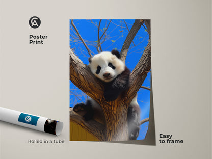 Poster print of a cute panda in a tree. This wildlife art is easy to frame. It captures a photorealistic animal against a blue sky. Perfect nature decor for animal lovers and nurseries.