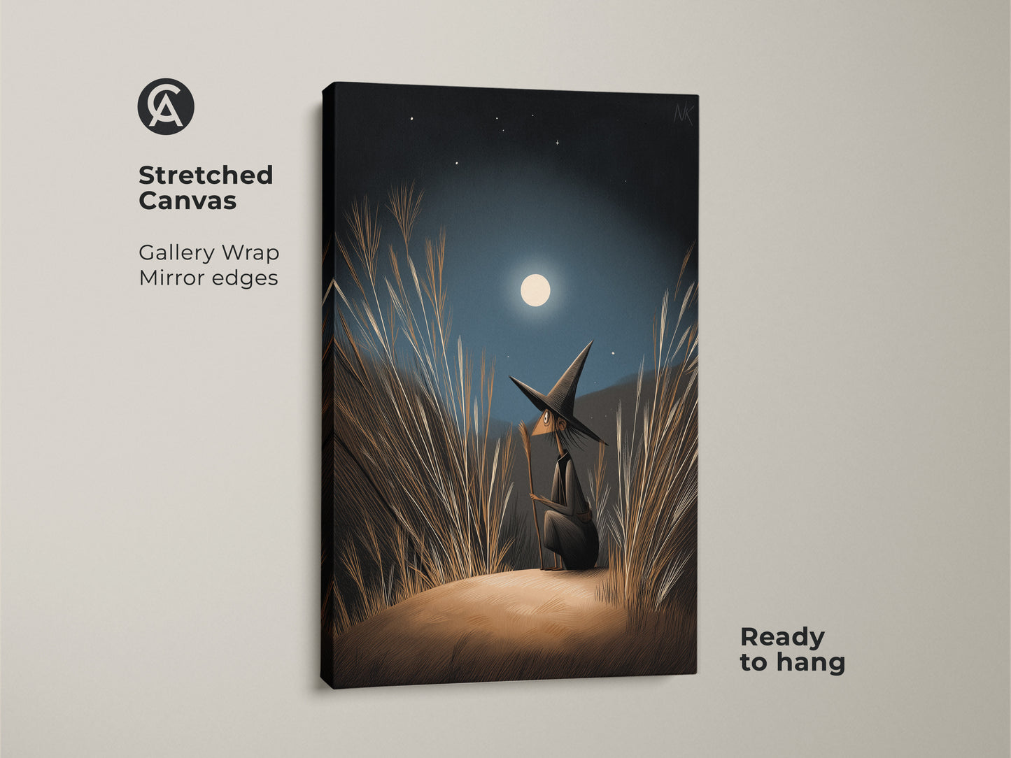 Stretched Canvas of fantasy wall art. The boho bedroom decor is ready to hang. Navy Blue Gold Moonlight Canvas. A witch gazes at the moonlight. Gallery Wrap art with Mirror edges. Perfect Halloween Occasion Gift.