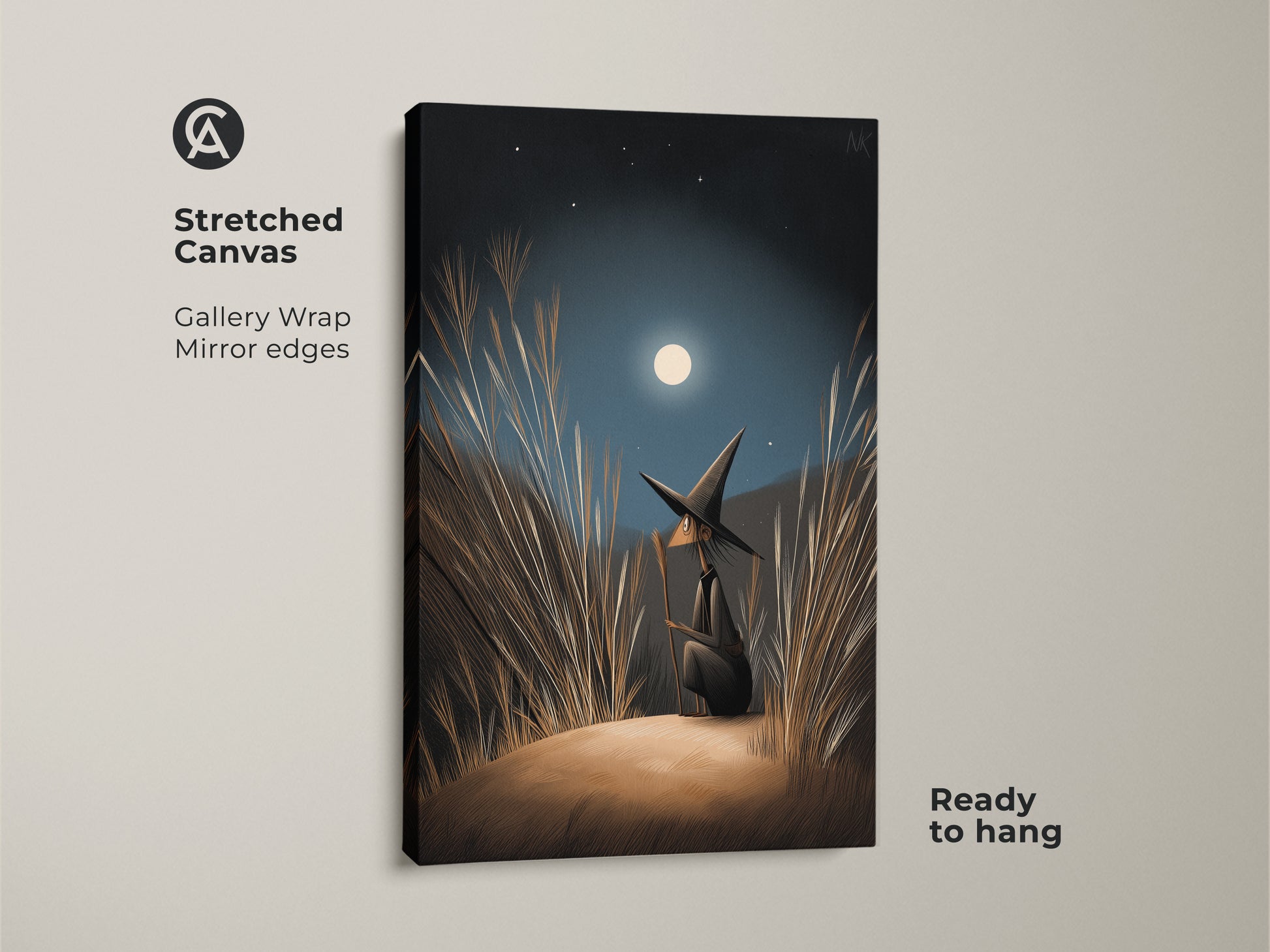 Stretched Canvas of fantasy wall art. The boho bedroom decor is ready to hang. Navy Blue Gold Moonlight Canvas. A witch gazes at the moonlight. Gallery Wrap art with Mirror edges. Perfect Halloween Occasion Gift.