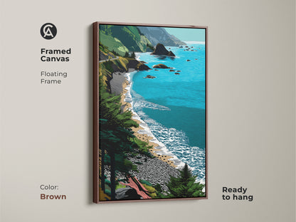 Framed canvas featuring a teal blue beach landscape. The brown floating frame complements the coastal ocean wall art. It showcases green seaside nature scenery. Ready to hang this artwork brings a touch of nature indoors.