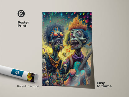Poster print showcasing two zombie musicians. This art print is easy to frame. The artwork is rolled in a tube for protection. Ideal for adding a unique touch to any room's decor.