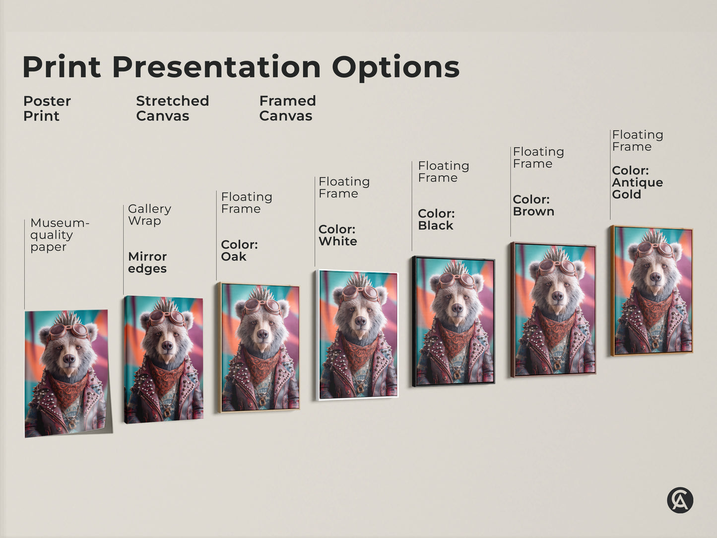 Explore punk bear wall art print options. Choose from poster prints stretched canvas and framed canvas. Museum-quality paper gallery wrap floating frames. Available in black oak white brown and antique gold. Add edgy home decor to your space with this unique animal portrait.