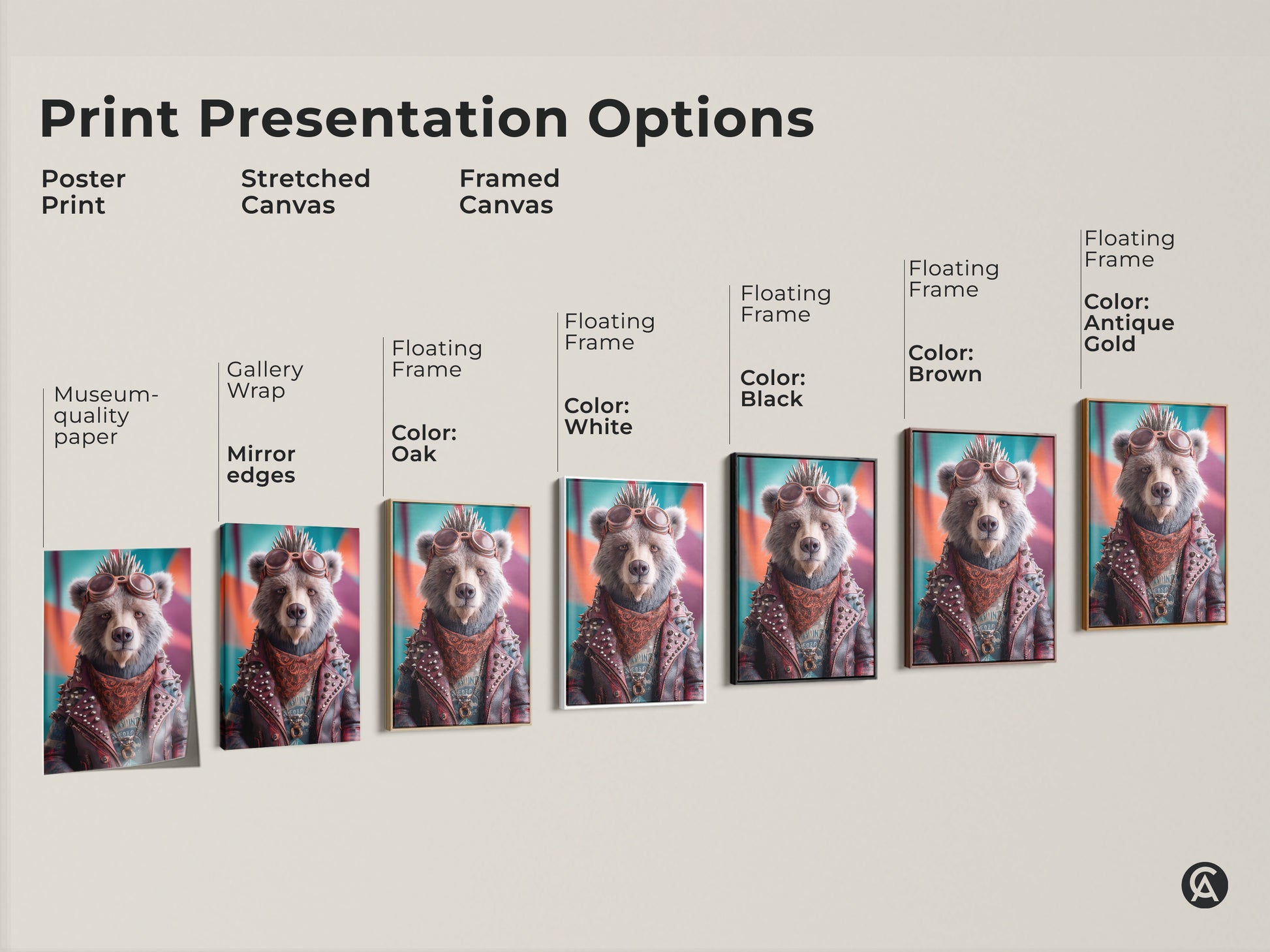Explore punk bear wall art print options. Choose from poster prints stretched canvas and framed canvas. Museum-quality paper gallery wrap floating frames. Available in black oak white brown and antique gold. Add edgy home decor to your space with this unique animal portrait.