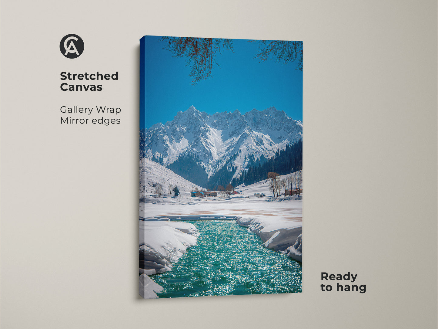 Stretched canvas featuring a winter mountain landscape art. It is a gallery wrap with mirror edges ready to hang. A snowy river canvas print provides rustic nature wall decor. An ideal gift idea for outdoor enthusiasts with blue teal landscape painting.