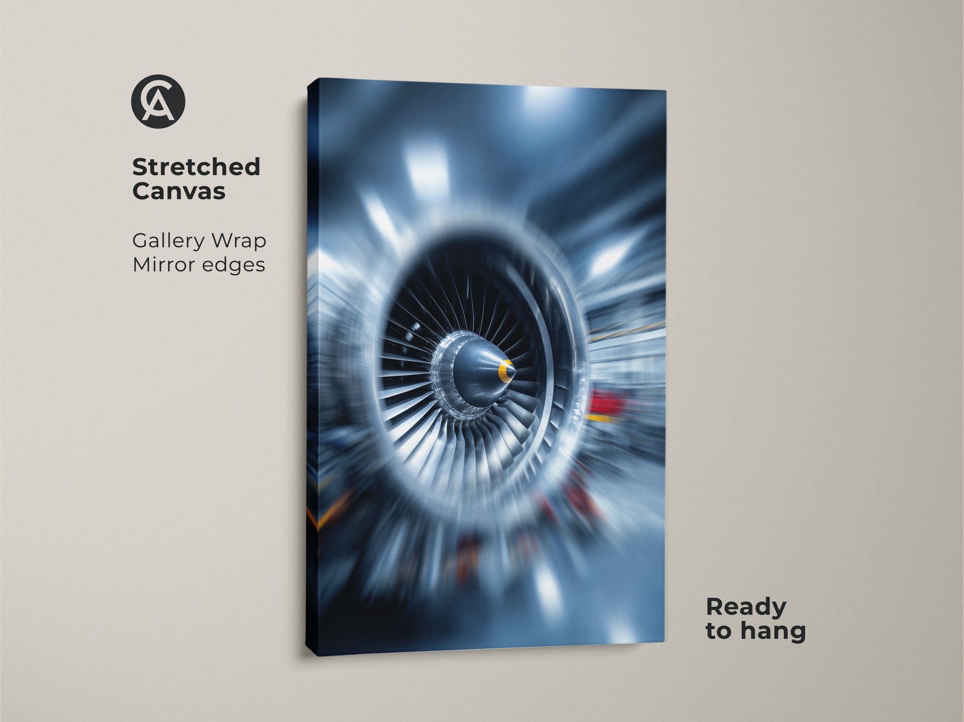 Gallery wrapped abstract jet engine art on stretched canvas. Showcasing turbine blades in deep blue and steel gray. This ready to hang industrial tech wall art is perfect for modern decor. A unique gift for the technology enthusiast or F1 fan. Features mirror edges.