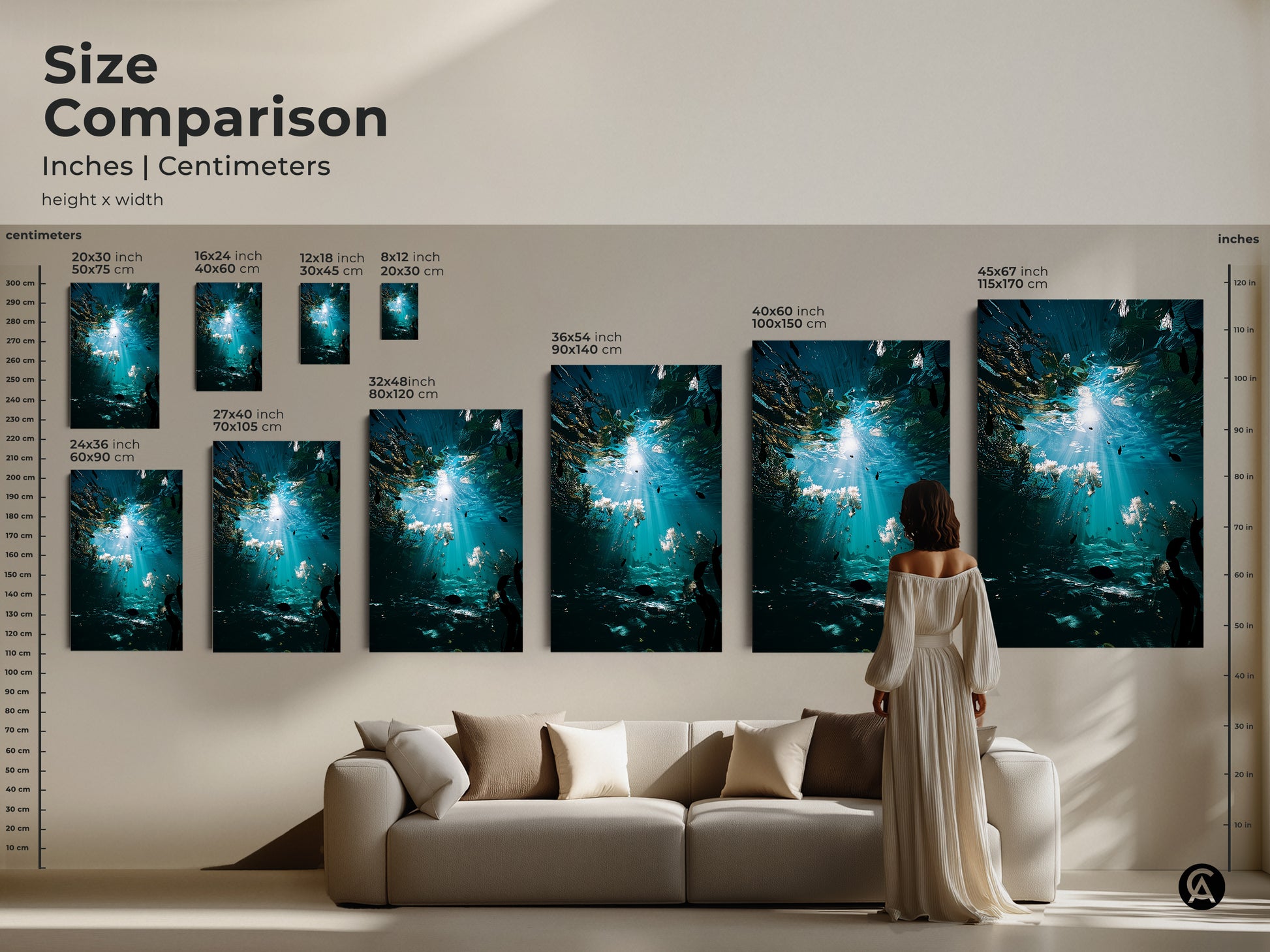 Size comparison of deep blue underwater art prints. Various sizes available as canvas or poster. This coastal kelp artwork transforms any living room. Perfect for beach lovers.