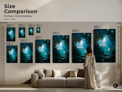 Size comparison of deep blue underwater art prints. Various sizes available as canvas or poster. This coastal kelp artwork transforms any living room. Perfect for beach lovers.