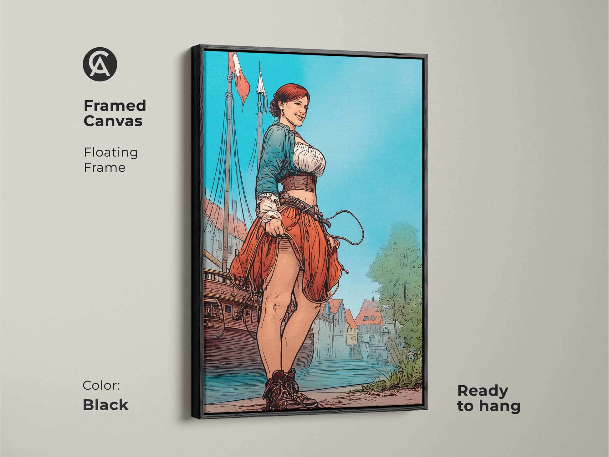 Framed canvas floating frame in black showcasing a woman sailor illustration. Ideal for those seeking maritime themed decor. The eclectic artwork brings a touch of history and adventure. This is an excellent conversation starter.