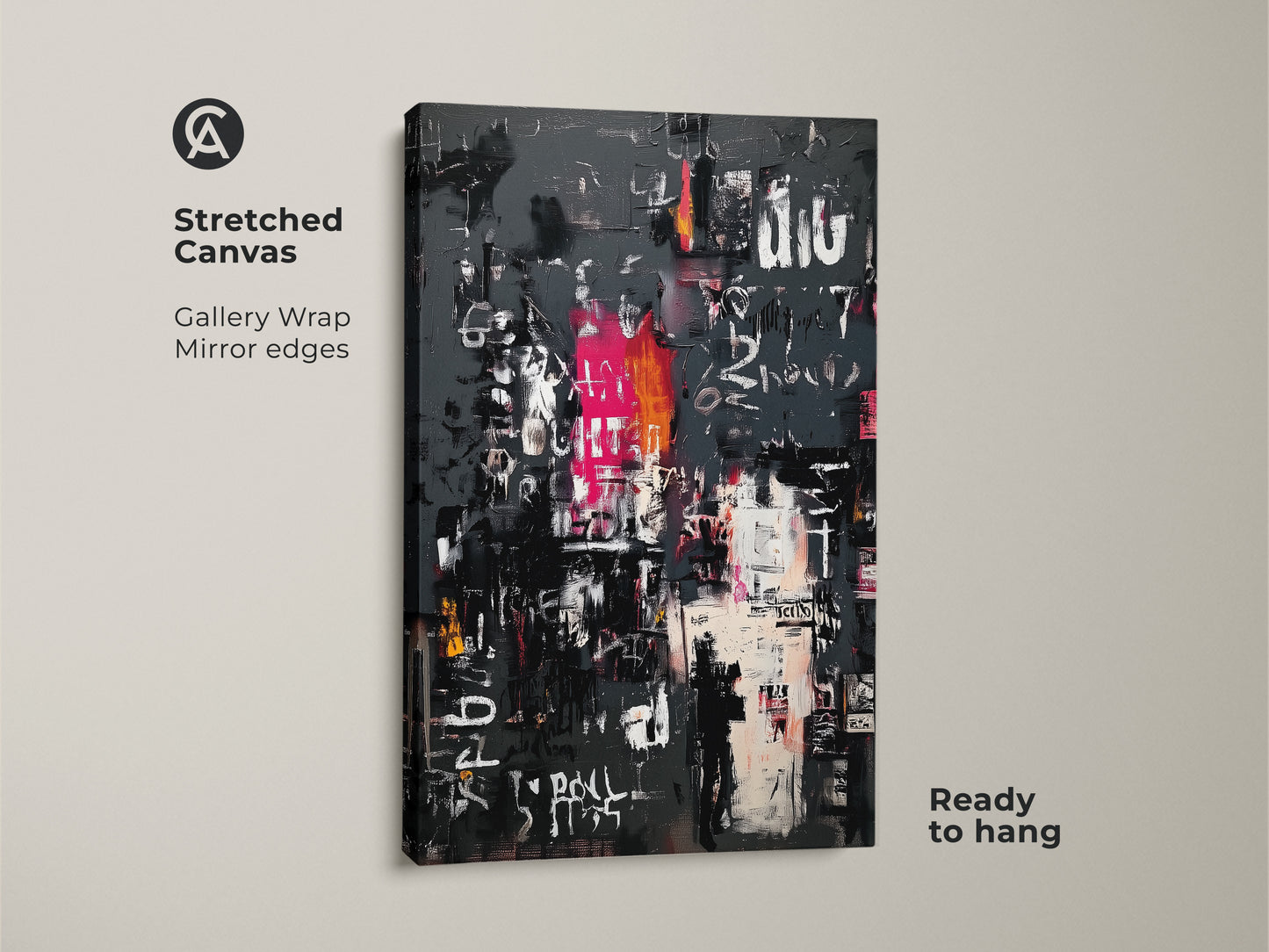 Stretched canvas print showcasing abstract art. The gallery wrap has mirrored edges. The artwork features a gray backdrop with markings in white pink and black. This canvas is ready to hang and adds a modern touch to any room.