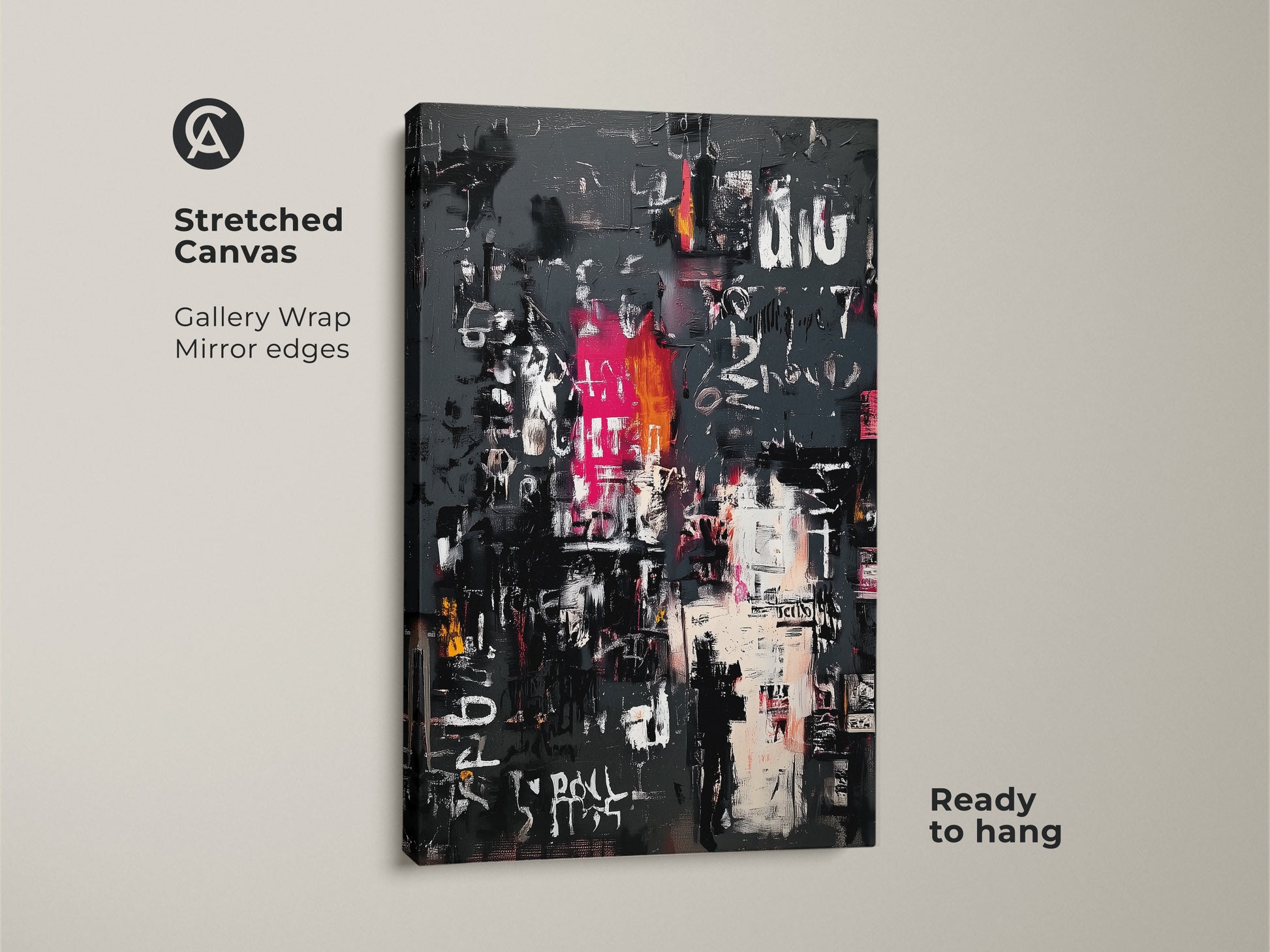 Stretched canvas print showcasing abstract art. The gallery wrap has mirrored edges. The artwork features a gray backdrop with markings in white pink and black. This canvas is ready to hang and adds a modern touch to any room.