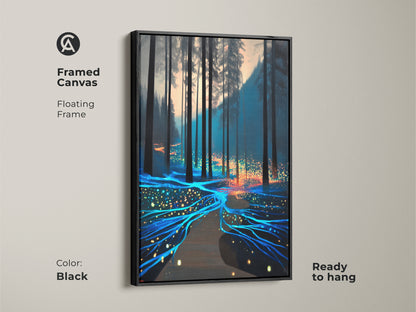 Framed canvas of surreal forest art adds a modern touch with a floating black frame. The glowing teal and orange path creates a fantasy nature scene. Ready to hang for easy wall decor.