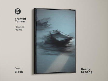 Black framed canvas with teal abstract artwork. Floating frame enhances the minimalist sailboat nautical wall art. Modern coastal decor. Ideal for bedrooms or waterfront homes. Ready to hang for a sophisticated look.