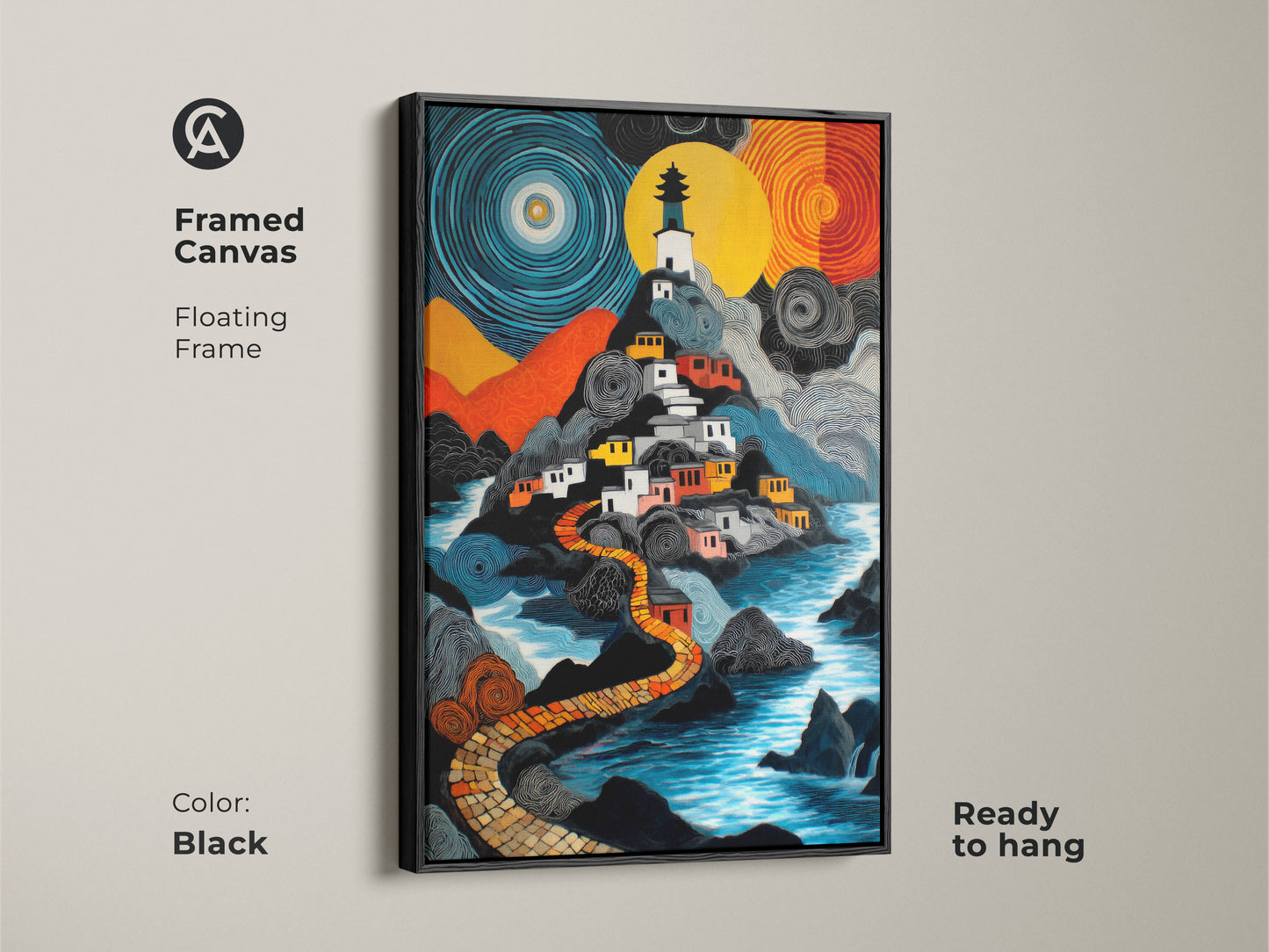 A framed canvas with a floating frame presents a naive art lighthouse village. The art captures a fantasy landscape with blue yellow and orange colors. It's an eclectic travel decor piece ready to hang enhancing any room with a colorful naive painting.