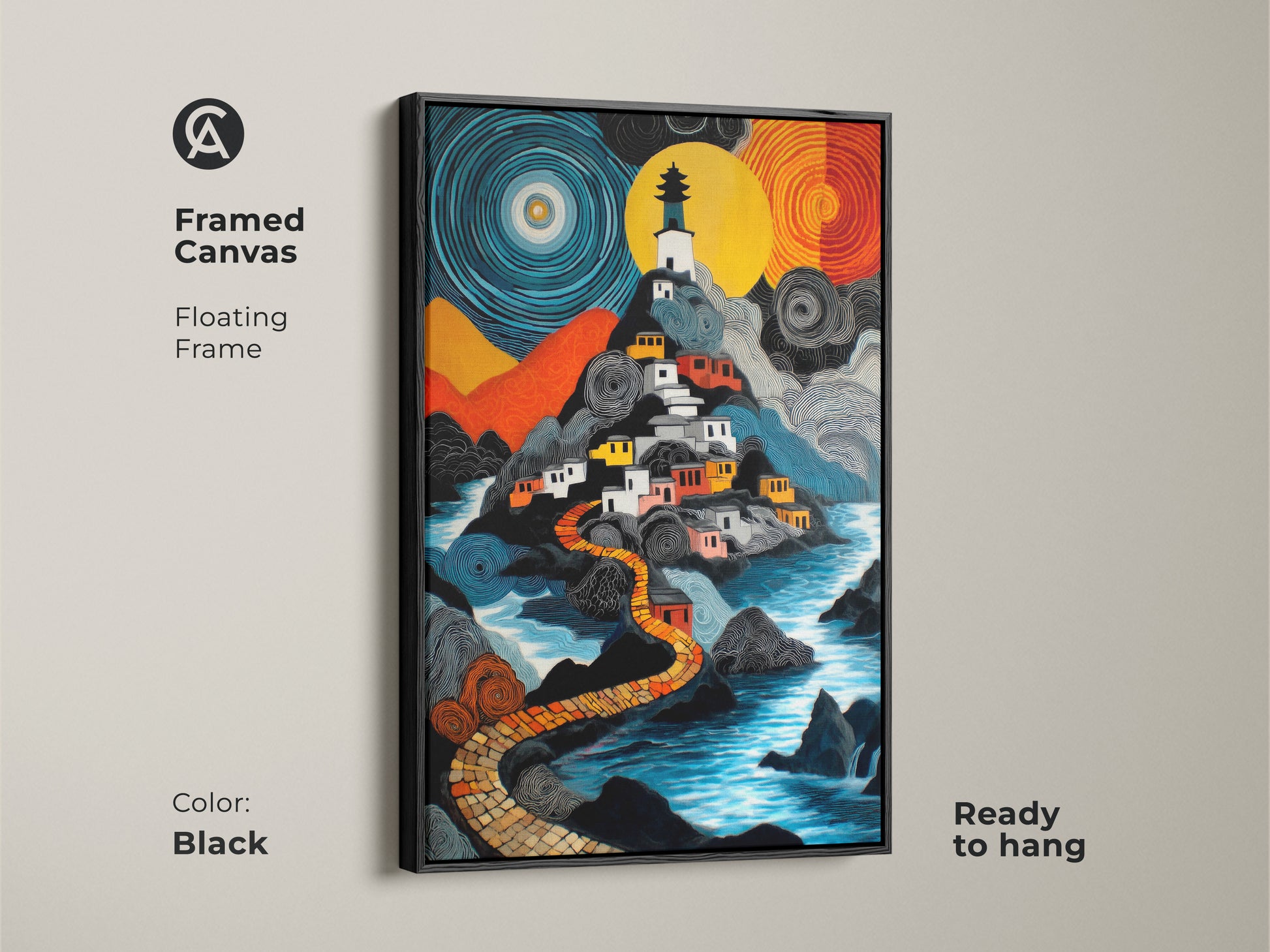 A framed canvas with a floating frame presents a naive art lighthouse village. The art captures a fantasy landscape with blue yellow and orange colors. It's an eclectic travel decor piece ready to hang enhancing any room with a colorful naive painting.