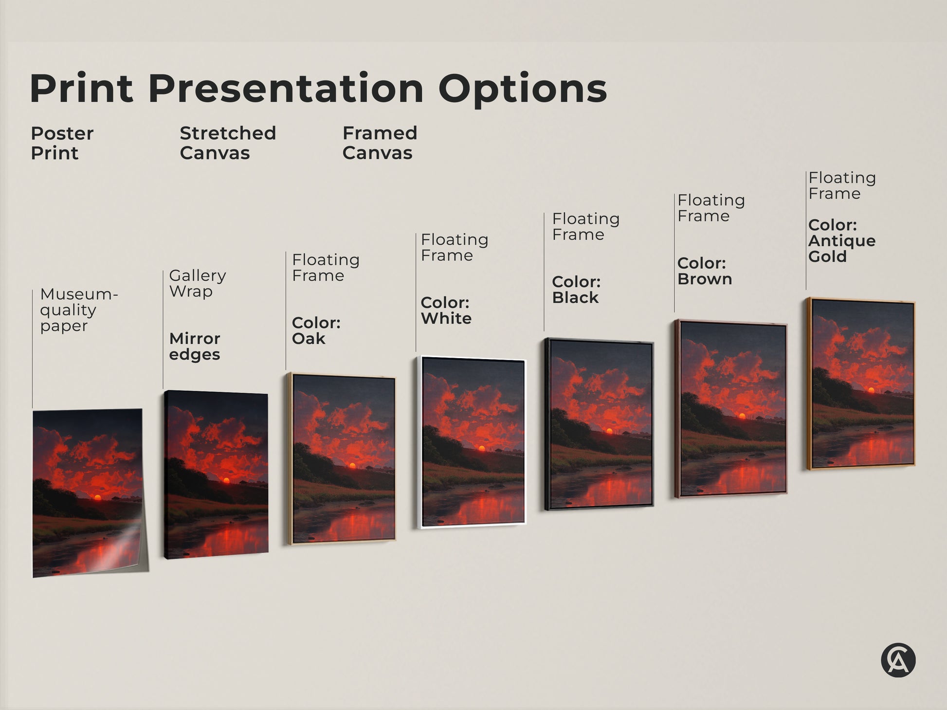 Explore print presentation options with this impressionistic sunset canvas art. Choose from poster prints stretched canvas and framed canvas. Options include gallery wrap museum-quality paper and floating frames. See the fiery orange clouds and dark blue sky in various styles. Find the perfect nature wall decor to complement your home.