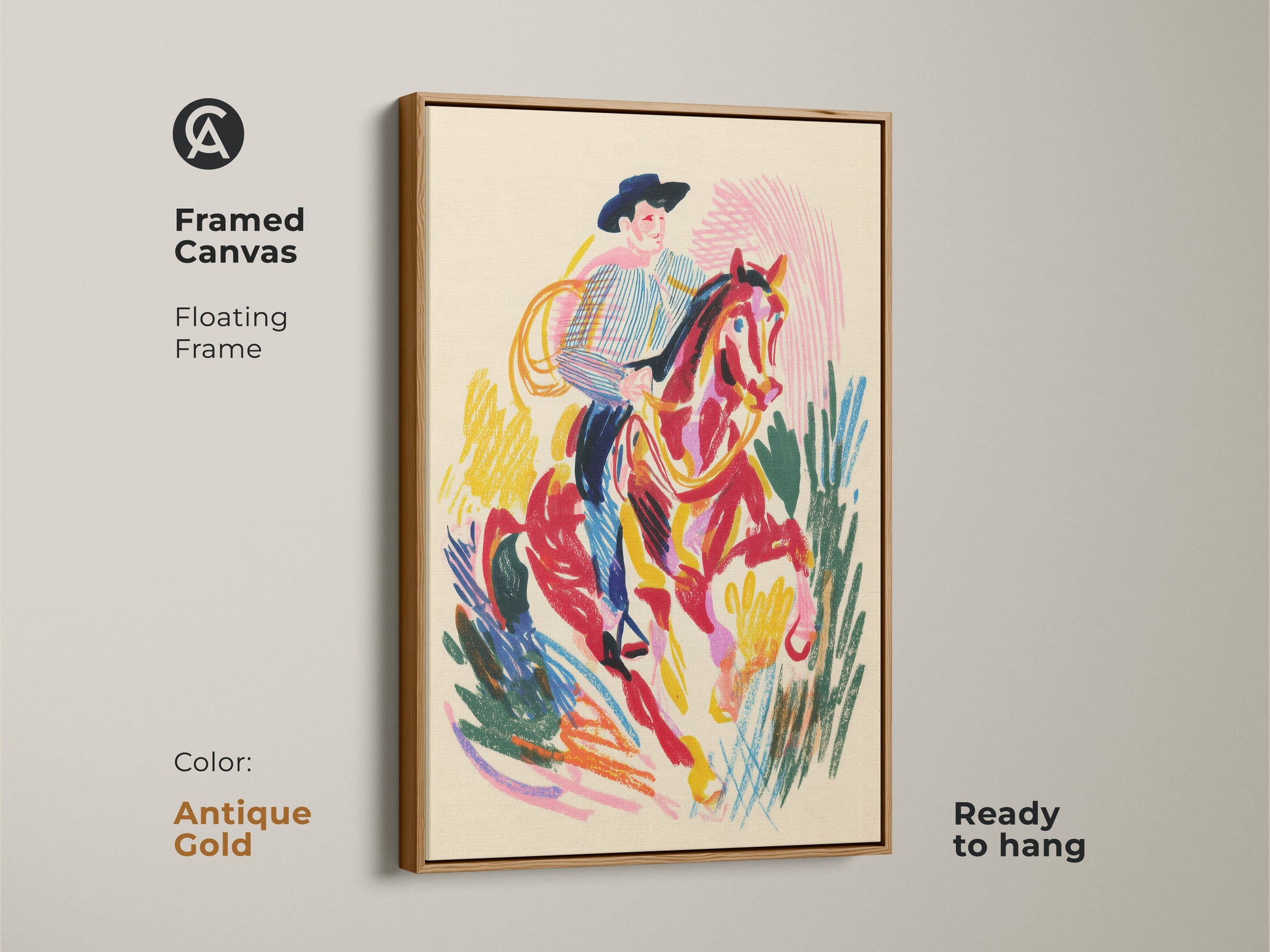 Framed canvas of a cowboy riding a horse with an antique gold floating frame. This western rodeo wall decor is ready to hang. The art features an expressionist style.