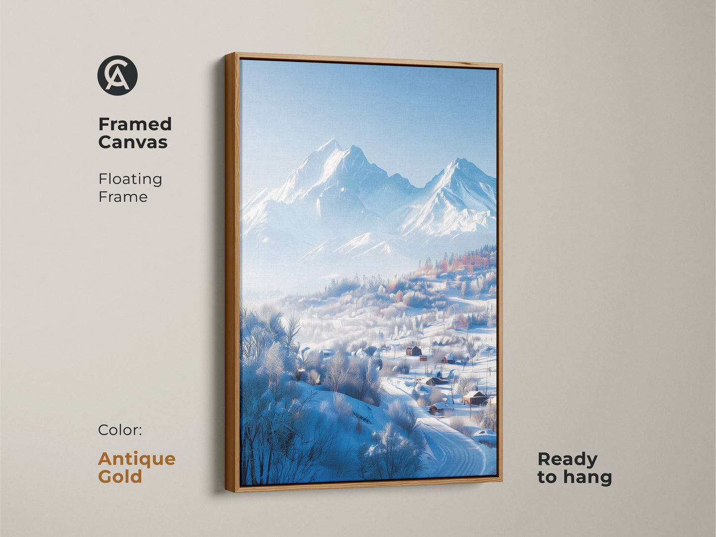 A framed canvas print showcases a winter mountain landscape. An antique gold floating frame surrounds the artwork. The art print captures snow-covered houses in a valley. This ready-to-hang piece adds elegance.