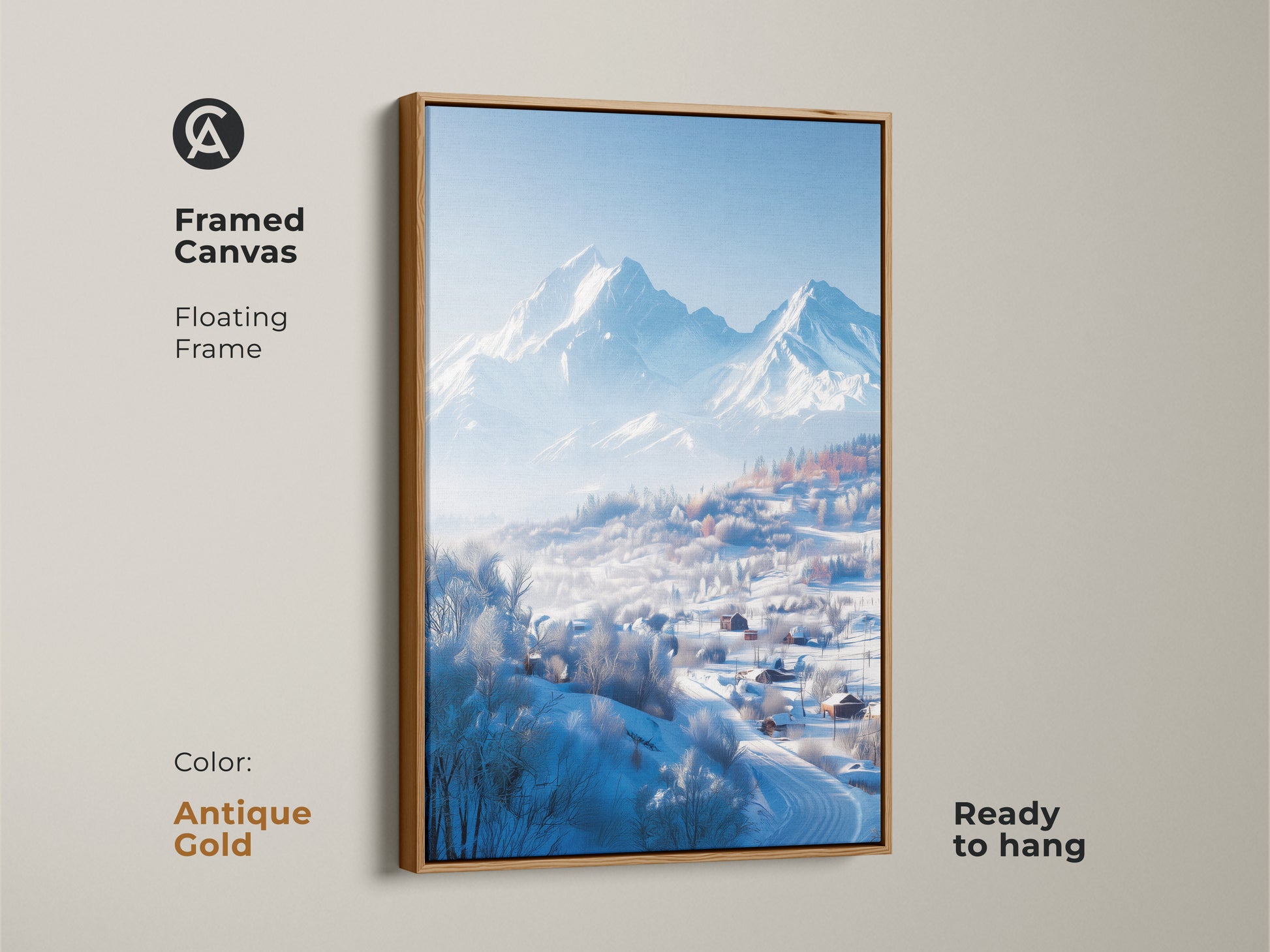 A framed canvas print showcases a winter mountain landscape. An antique gold floating frame surrounds the artwork. The art print captures snow-covered houses in a valley. This ready-to-hang piece adds elegance.
