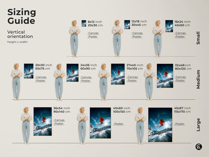 Sizing guide for our skier artwork. See how different sizes look in a room setting. Available in small medium and large formats. Find the ideal fit for your space whether its a canvas or poster. Transform your walls with this dynamic art.