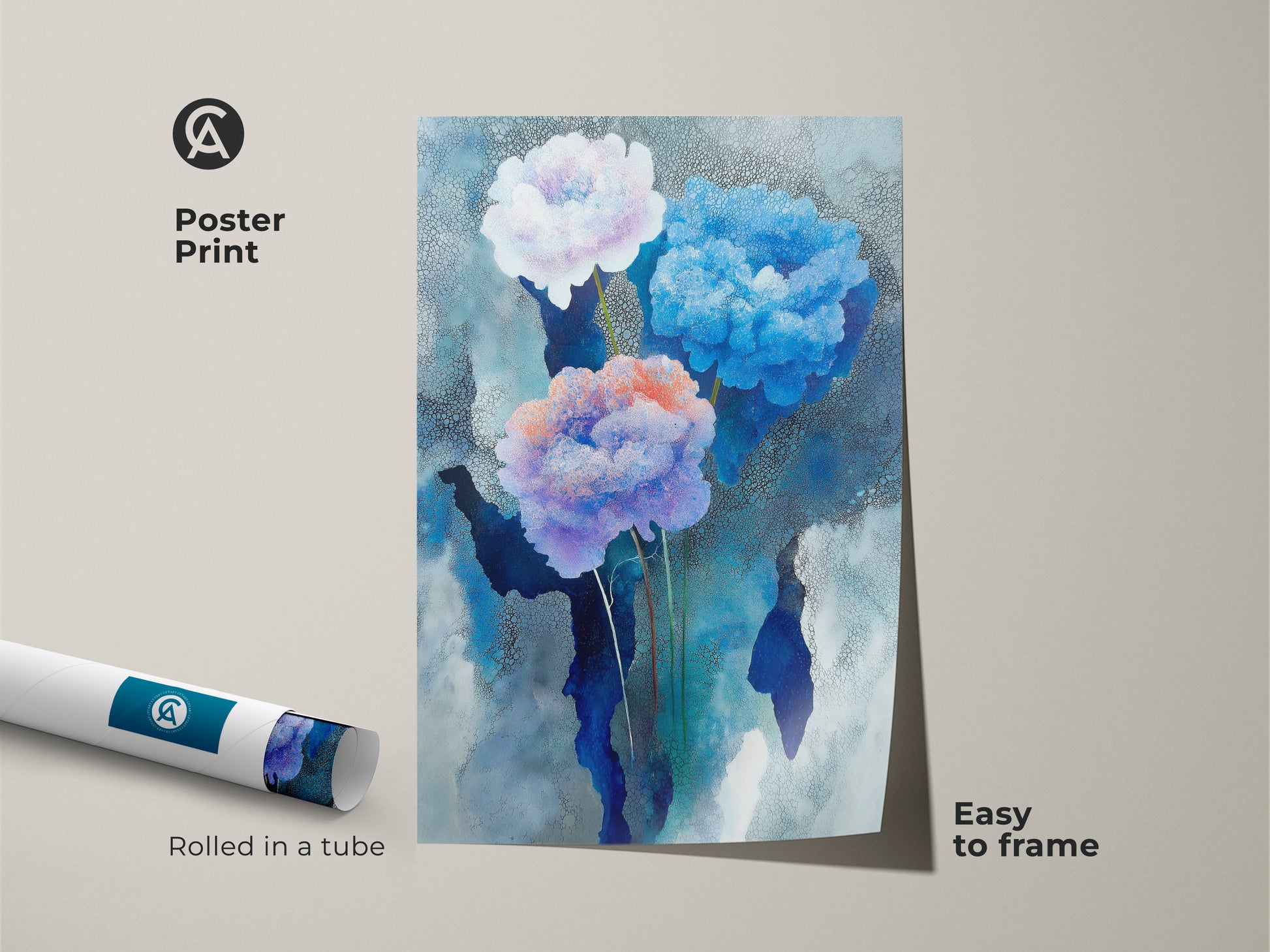 Teal hydrangea art print as calming nature artwork. Deep blue nature canvas wall art for living room abstract art. Office wall decor print is a housewarming gift for her.