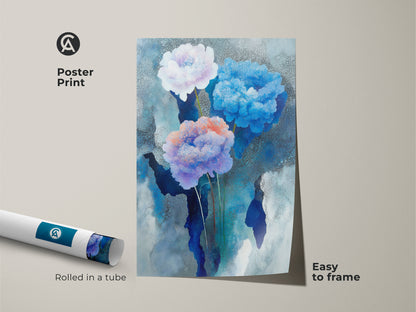 Teal hydrangea art print as calming nature artwork. Deep blue nature canvas wall art for living room abstract art. Office wall decor print is a housewarming gift for her.