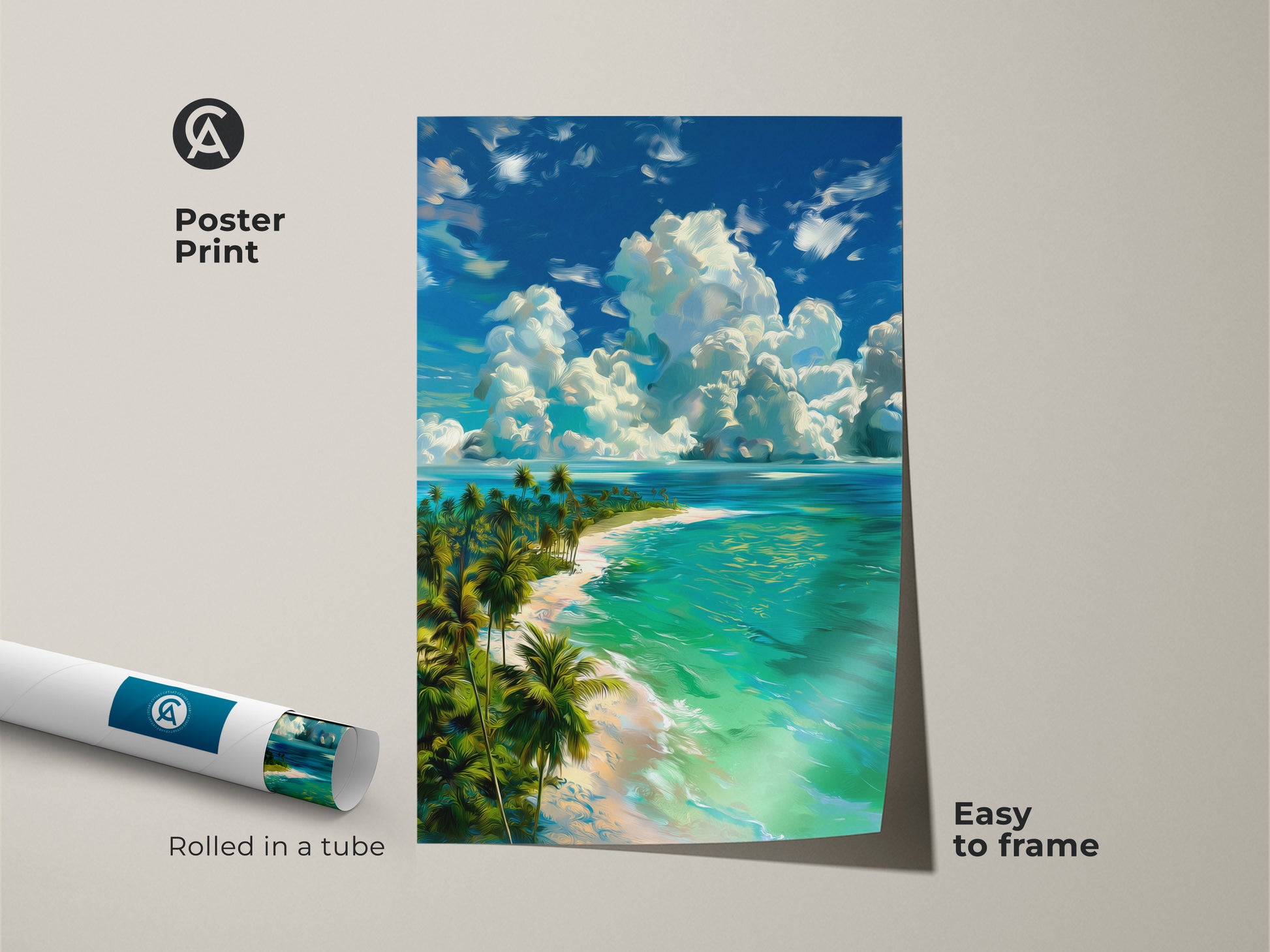 Poster print of a tropical island beach. This artwork features vibrant turquoise waters white sand beaches and palm trees beneath a cloudy sky. The poster is easy to frame and comes rolled in a tube. Enhance your space with this beach-themed art.