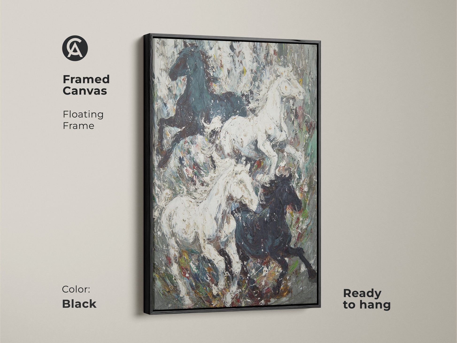 Framed canvas with a floating frame showcasing running horses artwork. Black frame complements the monochrome animal art. Ready to hang equestrian home decor for a modern eclectic look. A sophisticated gift for horse lovers. Enhance your bedroom wall art decor.