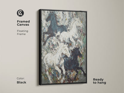 Framed canvas with a floating frame showcasing running horses artwork. Black frame complements the monochrome animal art. Ready to hang equestrian home decor for a modern eclectic look. A sophisticated gift for horse lovers. Enhance your bedroom wall art decor.