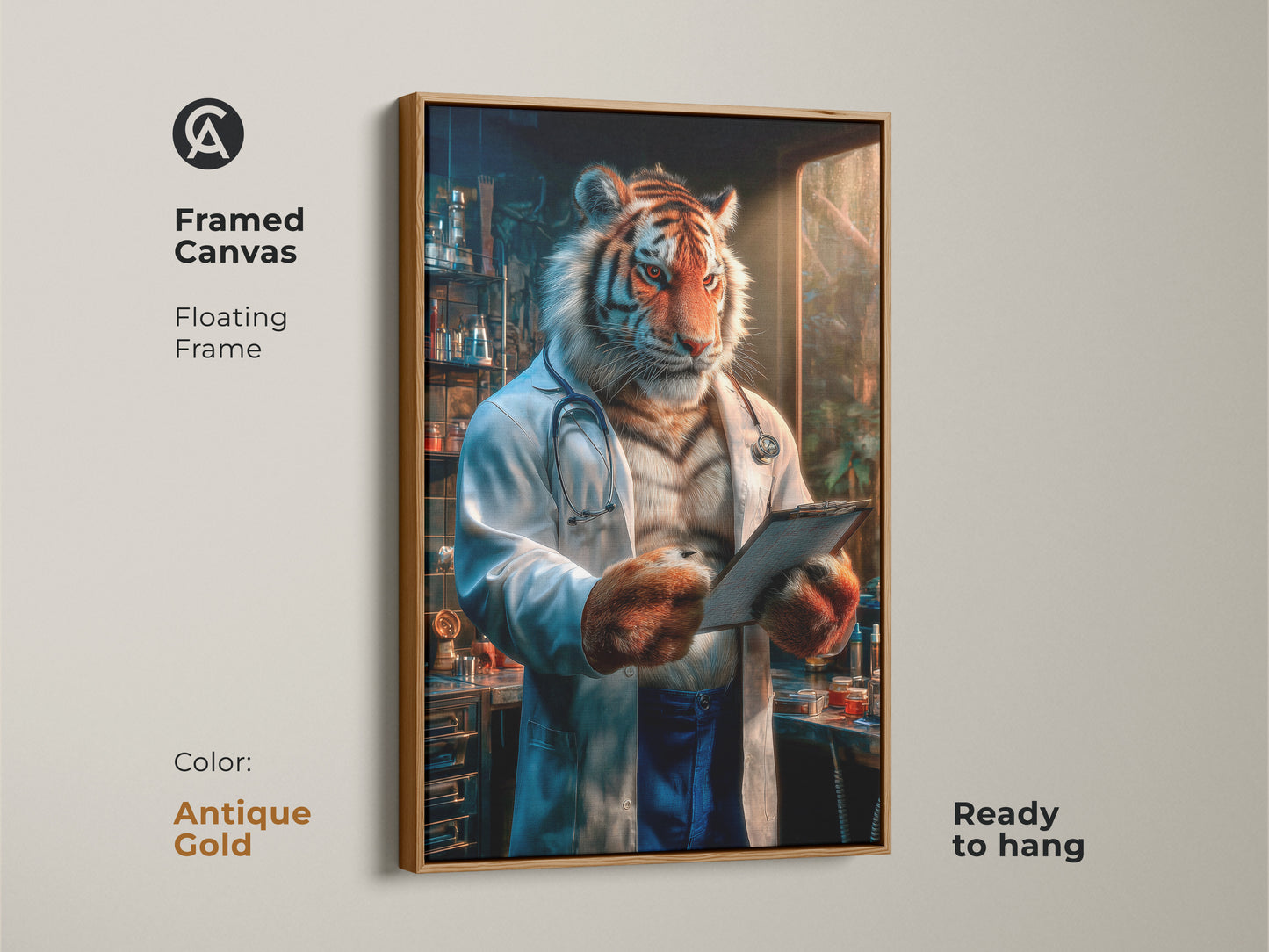Framed canvas featuring tiger doctor art with an antique gold floating frame. The artwork is ready to hang. This tiger artwork is perfect for doctors offices. The tiger is in a lab