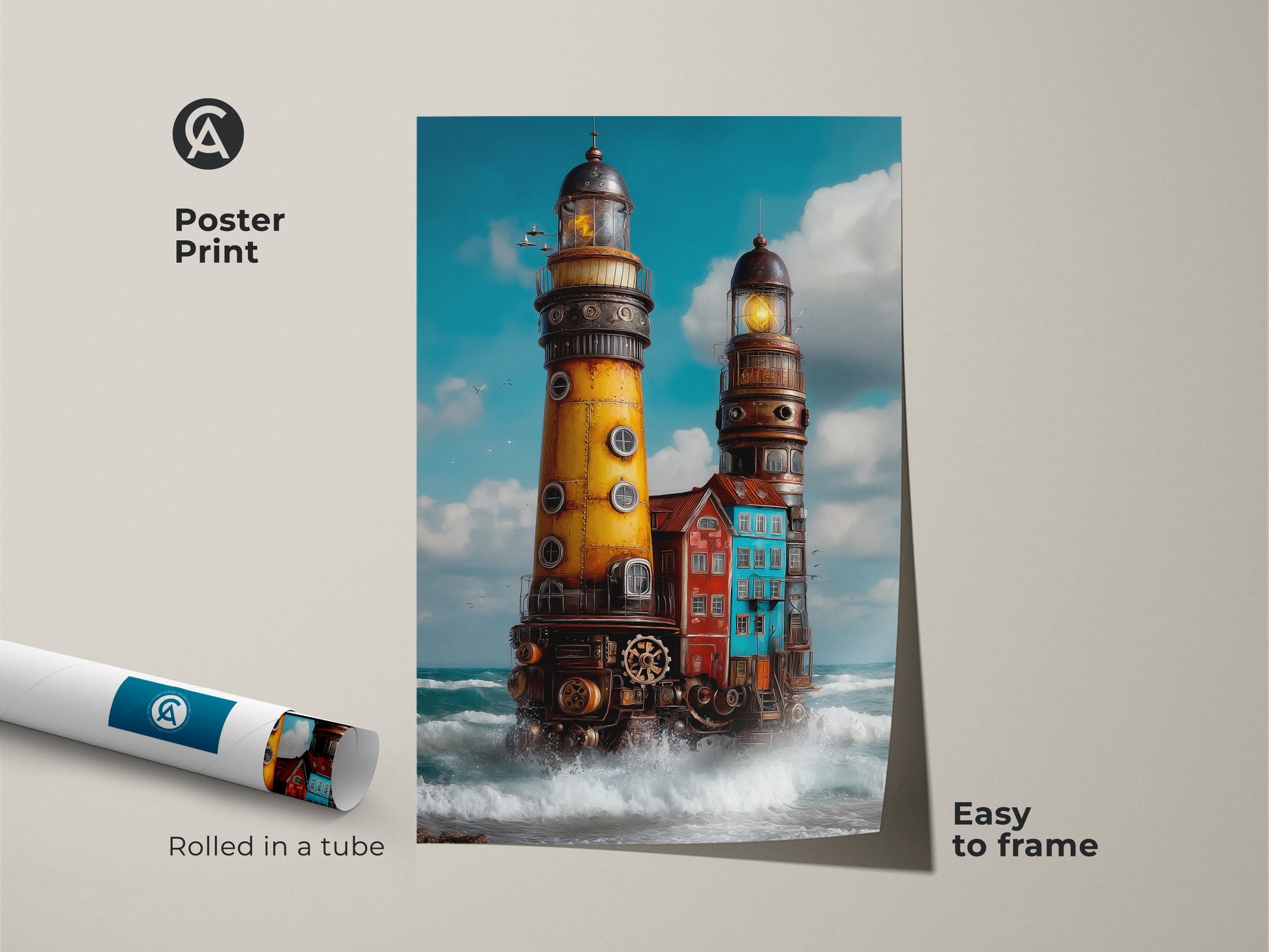Steampunk lighthouse poster print. It's an industrial ocean seascape featuring yellow lighthouse art on canvas. This nautical coastal wall artwork ships rolled in a tube and is easy to frame for home decor.