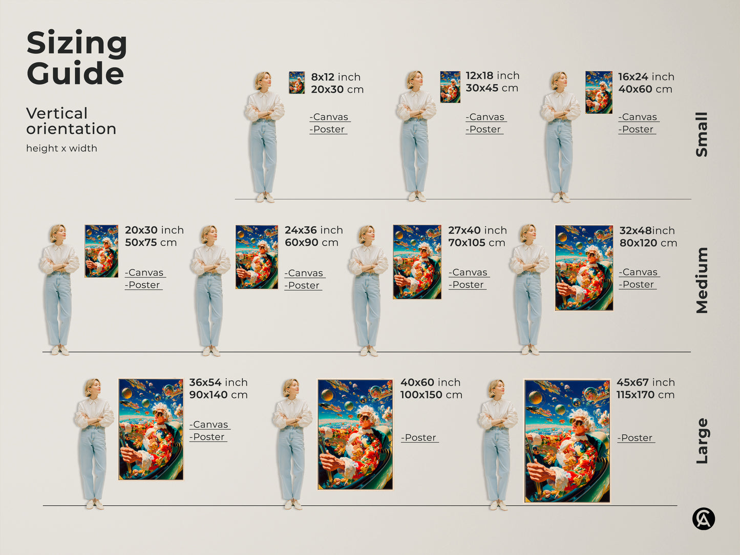 This sizing guide shows vertical artwork orientation. It displays height and width measurements. Available sizes range from small to large. Find canvas and poster sizes for your home decor project.